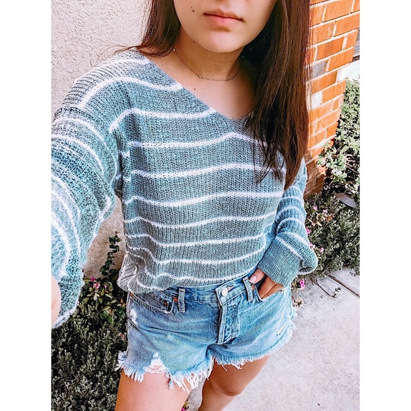 Teal Twist Back Stripe Sweater - Picture 2 of 3